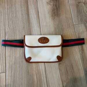 XOXO Belt Bag Fanny Pack Womens Small White Brown Trim Striped Strap